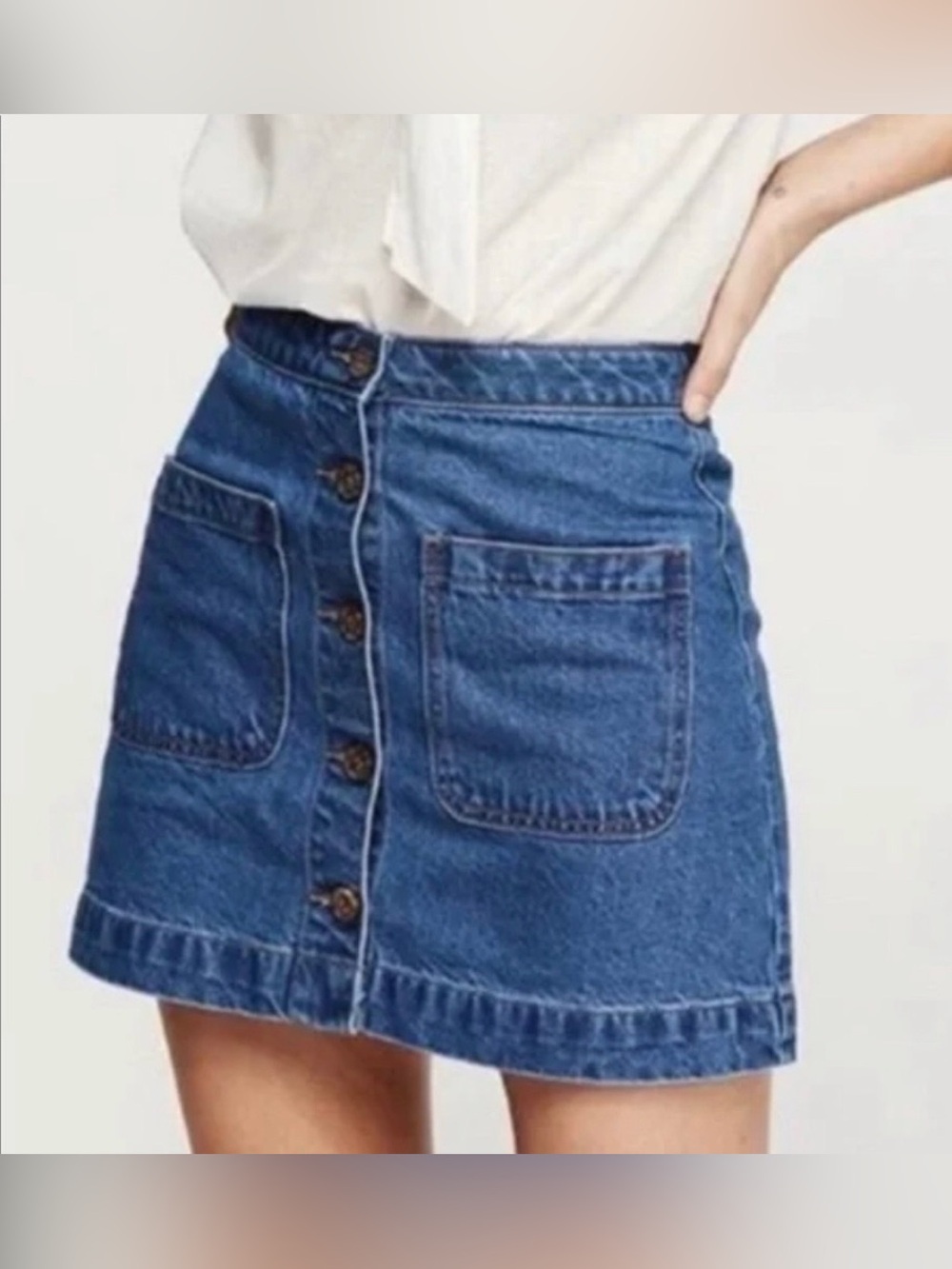 Free People We The Free Blue Denim Jean Mini Skirt Button Up Patch Pockets Sz 25